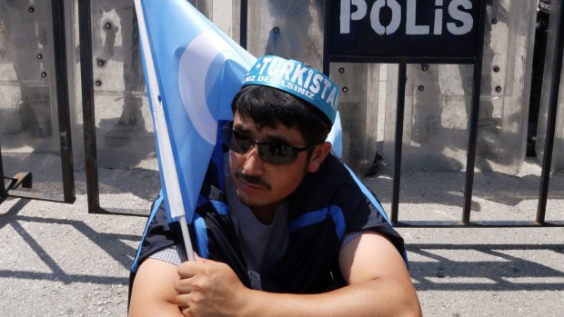 A Uighur protester demonstrates outside the Thai embassy in Ankara, Turkey, in June.