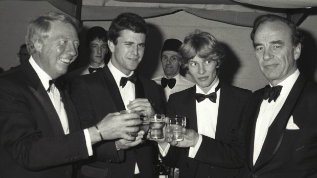 After the premiere of Gallipoli in 1981. From left, Robert Stigwood, Mel Gibson, Mark Lee, Rupert Murdoch.
