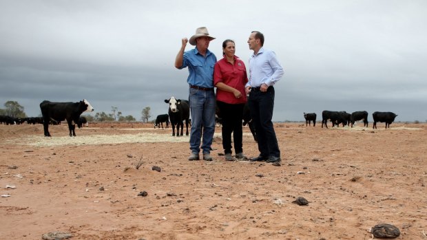 Farmers frazzled: Prime Minister Tony Abbott visits a drought-hit farm near Bourke, northern NSW, in February 2014.