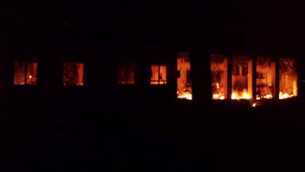 The Doctors Without Borders hospital in Kunduz in flames after a US air strike in 2015.