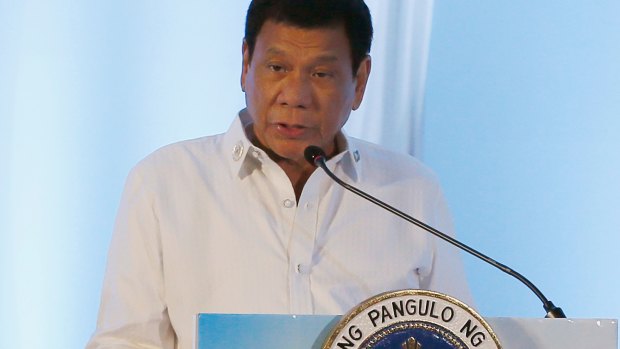 Philippine President Rodrigo Duterte addresses delegates of the ASEAN Business and Investment Summit in Laos. 