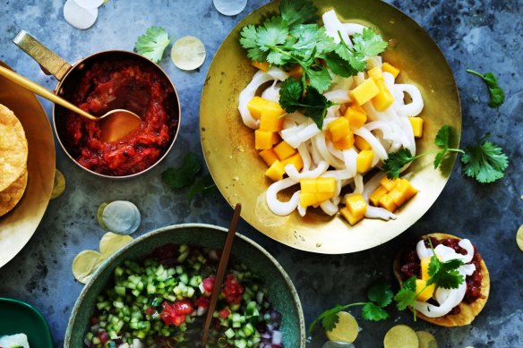 Let your guests construct their own calamari and mango tostadas. 