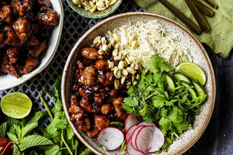 Sticky pork sausage rice bowls.