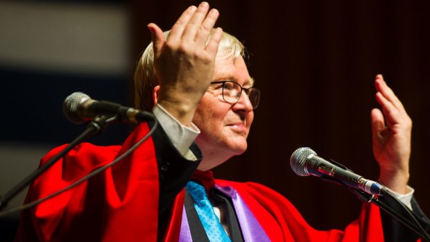 Former prime minister Kevin Rudd is awarded an honourary doctorate at the ANU.