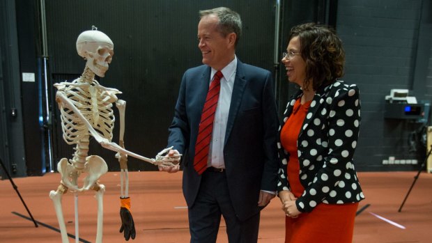 Opposition Leader Bill Shorten makes a rare joke about meeting 'Tony Abbott' during a university visit on Tuesday.
