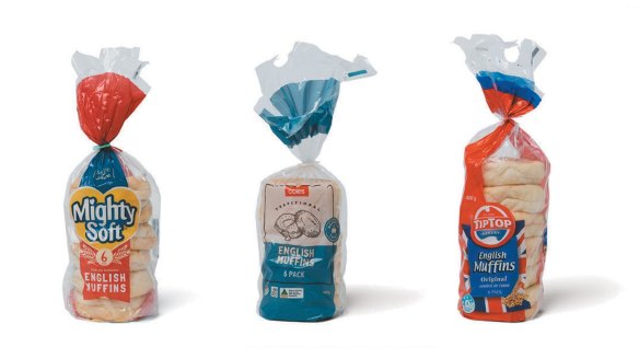 From left: Mighty Soft, Coles and Tip Top English muffins.