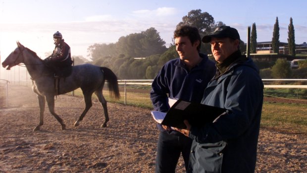 Lindsay Park trainer Tony McEvoy, right, and assistant Tom Dabernig during early morning track work at the Barossa Valley racing stables.
