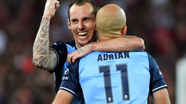 Career revived: Luke Wilkshire celebrates scoring a goal against the Wanderers.