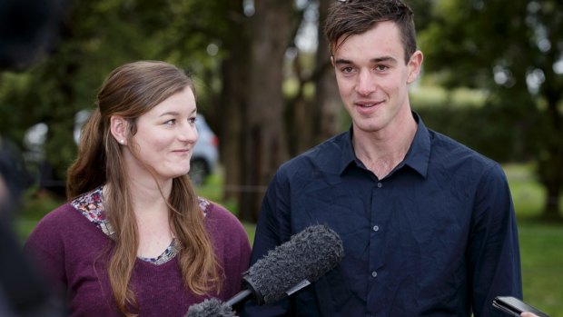 Mitchell and Ella Tromp talk to media in Silvan.