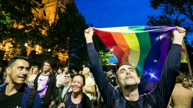 LGBTQI community and pro-marriage equality advocates celebrate the verdict of the postal vote on same-sex marriage in Sydney.