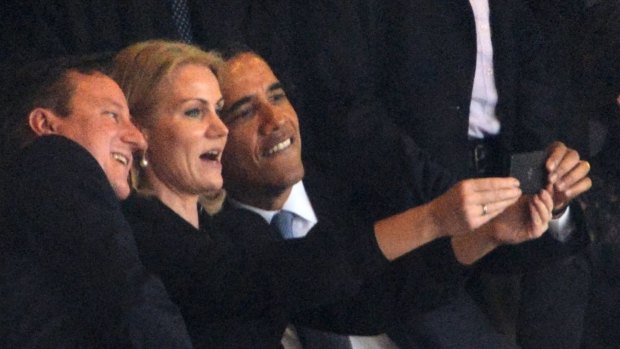 David Cameron, Helle Throning-Schmidt and Barack Obama lost in a "fuzzy 'We're such pals' universe" at the Nelson Mandela memorial.