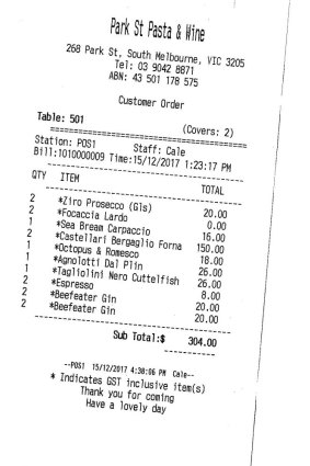 Receipt for Good Life lunch with Ben Quilty.