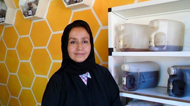 Afrah Suhail in her hexagonal store in Djibouti's capital, where she sells Yemeni and Ethiopian honey. 