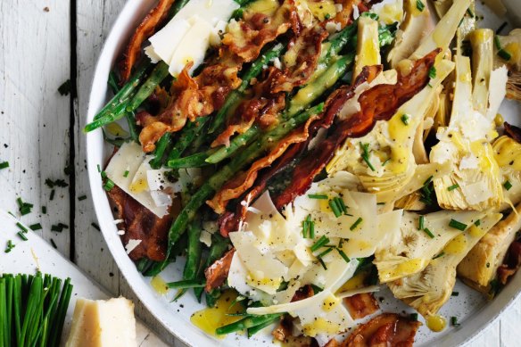 Rachel Khoo's Parisian-inspired pancetta, artichoke and green bean salad.