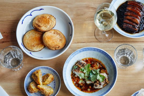 Clockwise from top left: Mapo tofu jaffles, moy choy (pork belly with mustard greens), pepper beef tartare, steamed barramundi, and fried dumplings.