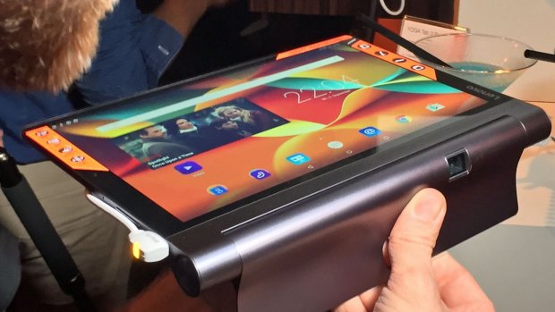The Yoga Tab 3 Pro features a hinge to allow it to be propped up.