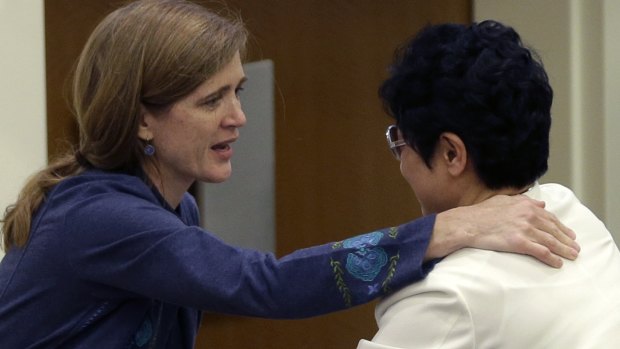 United States ambassador to the United Nations Samantha Power, left, hugs North Korean defector Kim Hye-sook after an event on North Korea's human rights briefly turned chaotic.