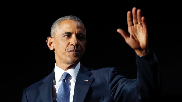 President Barack Obama waves as he speaks during his farewell address at McCormick Place in Chicago.