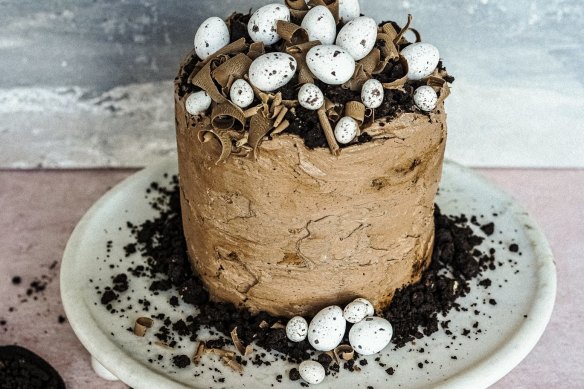 Marble chocolate layer cake decorated with candy-shelled chocolate 'bird's eggs'.