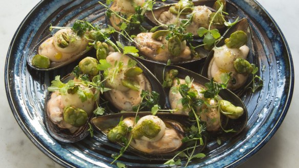 Local Mount Martha mussels with celeriac puree and broad beans at Puerto.