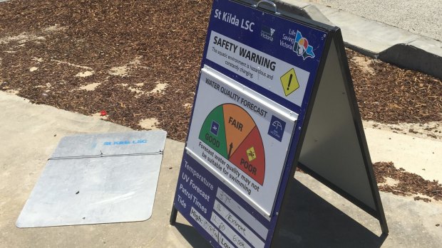 The Swimming Prohibited/Beach Closed sign at St Kilda Beach, left, face down, unable to be read.