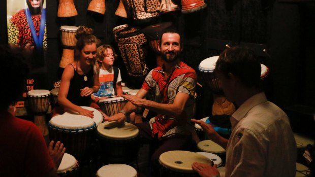 The folks at Threeworlds aren't shy of a drumming circle at Woodford Folk Festival.