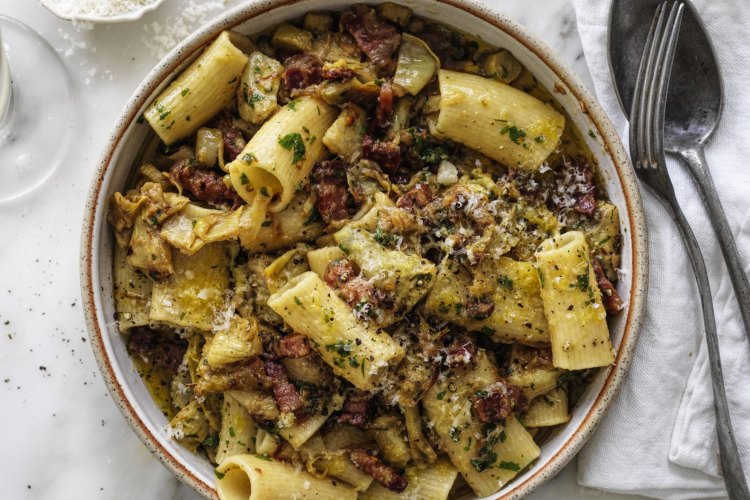 Neil Perry's rigatoni with artichokes and pancetta
