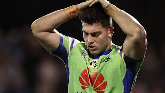 BATHURST, AUSTRALIA - JUNE 10: Nick Cotric of the Raiders looks dejected after defeat during the round 14 NRL match between the Penrith Panthers and the Canberra Raiders at Carrington Park on June 10, 2017 in Bathurst, Australia. (Photo by Mark Kolbe/Getty Images)
