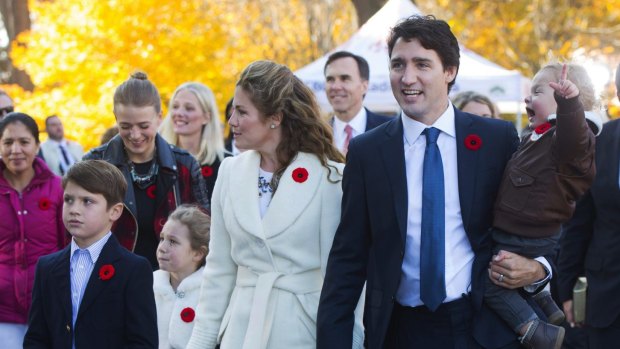 Justin Trudeau, and his wife, Sophie Gregoire-Trudeau, and their children Xavier, Ella-Grace and Hadrien in Ottawa last year. 