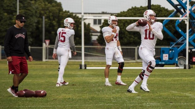 Ready for action: Quarterback Keller Chryst, of the Stanford Cardinal NFL team, trains at Moore Park.