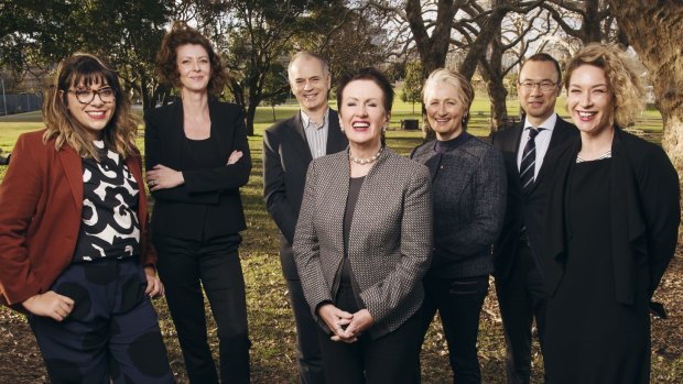 The Council of the City of Sydney independant candidates, pictured with Lord Mayor Clover Moore. Left to right: Jess Scully, Catherine Lezer, Philip Thalis, Clover Moore, Kerryn Phelps, Robert Kok and Jess Miller. 