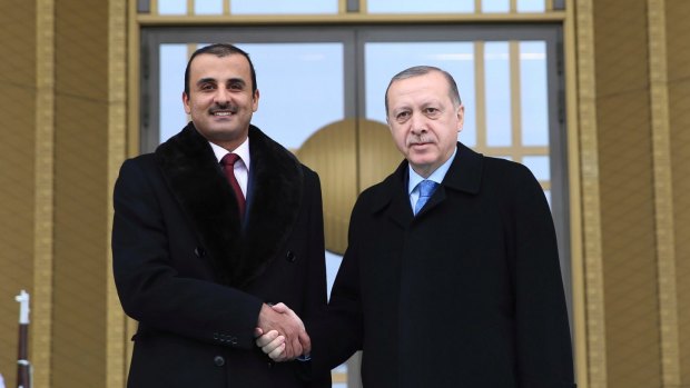 Qatari Sheikh Tamim bin Hamad Al Thani, left, with Turkish  President Recep Tayyip Erdogan on Monday. The sheikh's visit to Ankara came as UAE officials claimed Qatar fighter jets intercepted commercial flights in international airspace.
