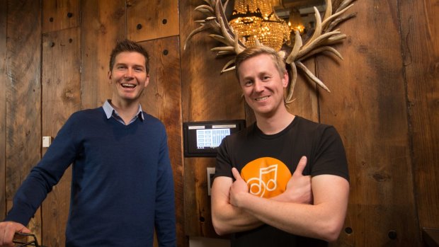 Streaming music in restaurants and public places, Nick Larkins, left, and Matt Elsley have started a company selling the software.