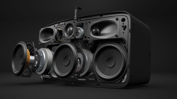 An exploded view of the new Sonos Play 5 wireless speaker with side-firing tweeters.