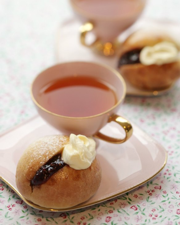 Stephanie Alexander 's Devonshire splits - light yeast buns with jam and cream - perfect with a pot of tea <a href="https://www.goodfood.com.au/recipes/devonshire-splits-light-yeast-buns-with-jam-and-cream-20111018-29wwg"><b>(Recipe here)</b></a>.