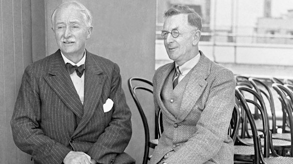 The two men who did most to turn the exploits of the Anzacs at Gallipoli into the stuff of legend. English poet John Masefield. With him is Charles Bean. a Herald journalist who became Australia's official war correspondent. 