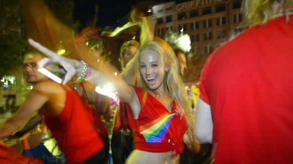 Sky News reporter and Daily Telegraph columnist Caroline Marcus at Sydney's Mardi Gras Parade in 2010. 