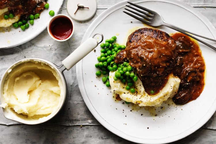 Salisbury steaks with mushroom and onion gravy.