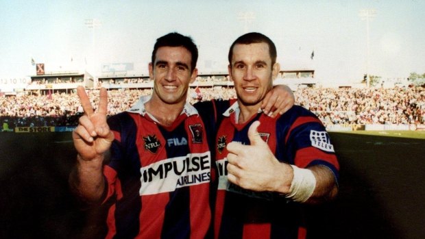 Andrew and Matthew Johns during Matthew's last home game for the Knights. 