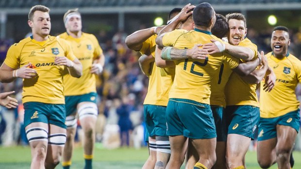 Strong finish: Wallabies players celebrate the late try to Nick Phipps.
