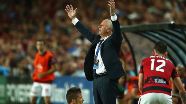 Graham Arnold appeals to the referee in his inimitable way.