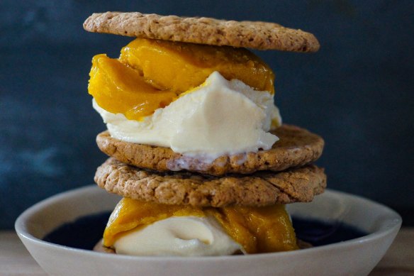 Weis bar-inspired ice-cream sandwiches with mango sorbet and coconut froyo.