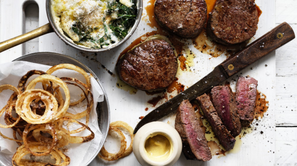 Adam Liaw's fillet steak served with creamed spinach and crispy onion 