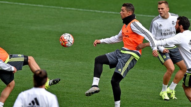 Media pet: Cristiano Ronaldo of Real Madrid trains at AAMI Park.