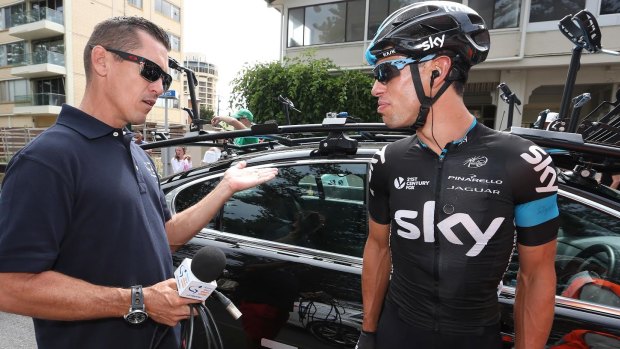 Hi there: Richie Porte chats with ex-Tour de France rider Robbie McEwan before stage four of the Tour Down Under.