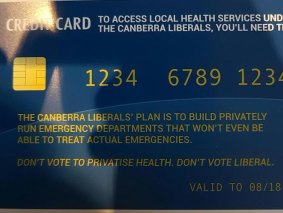 The back of ACT Labor's fake Medicare cards, accusing the Liberals of privatising health.
