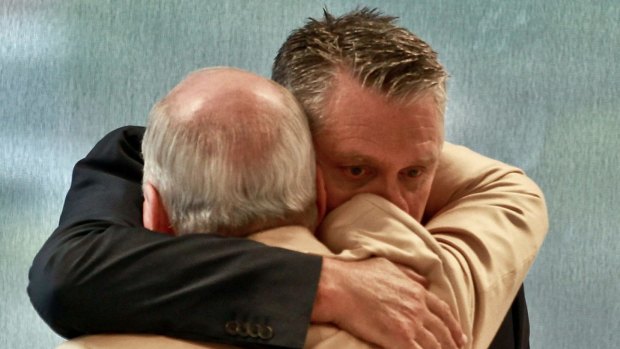 Celebrating again: Ray Hadley and Alan Jones share a moment after their ratings success in November last year.