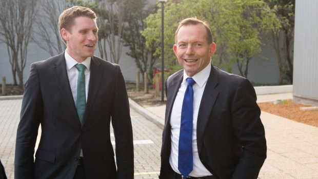 The Liberal Democrats will preference Labor's candidate in Canning ahead of the Liberal candidate, Andrew Hastie, pictured with Prime Minister Tony Abbott.