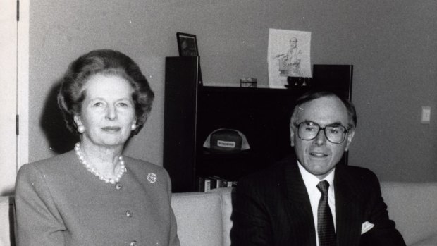 Margaret Thatcher meets John Howard during a visit to Canberra.