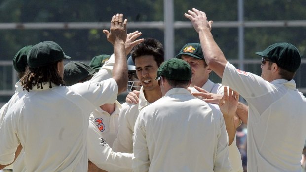 Glory day: Australia's Mitchell Johnson celebrates his 8th wicket against South Africa.